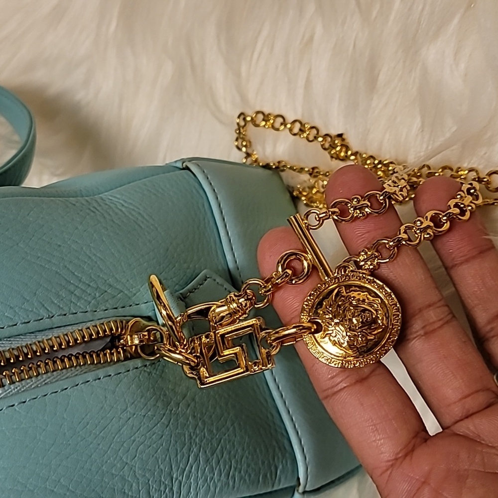 Rare Versace Aqua Leather Shoulder Bag with Gold Accents - Picture 12 of 17